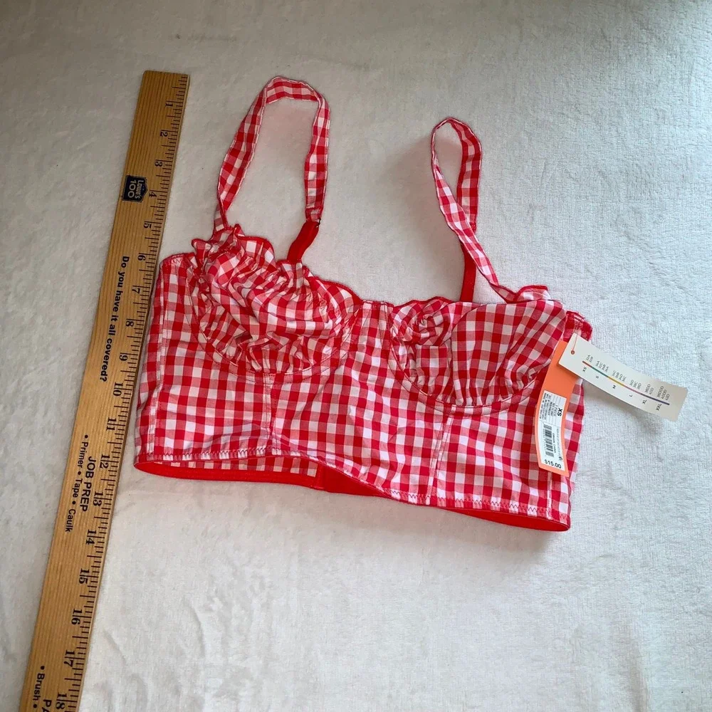 Colsie red‎ and white gingham check picnic cotton longline bra bralette XS new